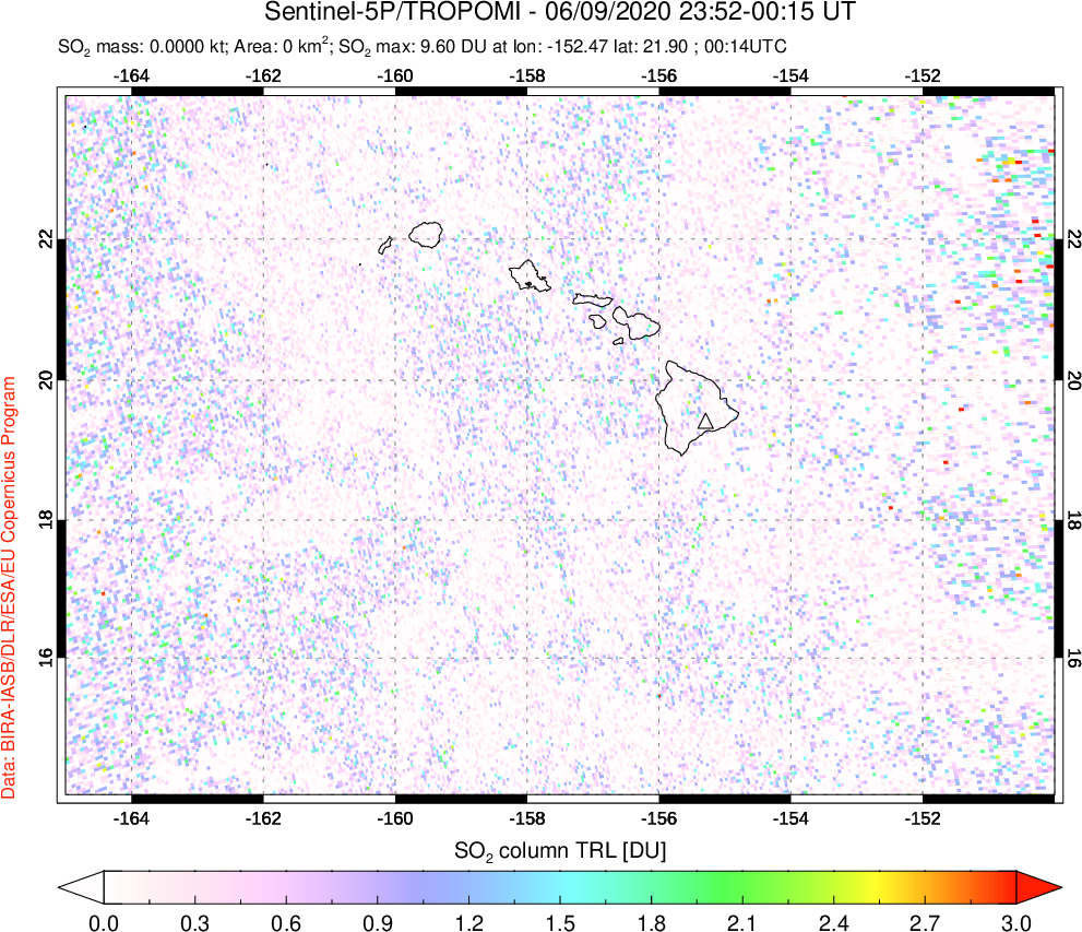 A sulfur dioxide image over Hawaii, USA on Jun 09, 2020.