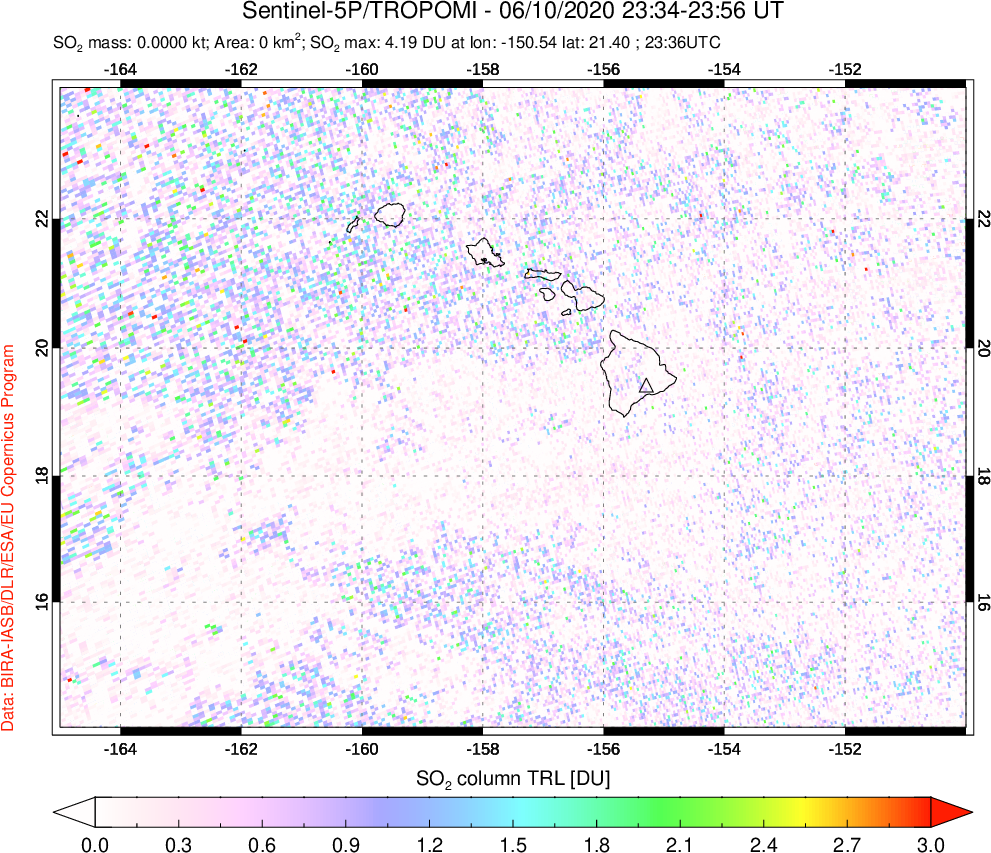 A sulfur dioxide image over Hawaii, USA on Jun 10, 2020.
