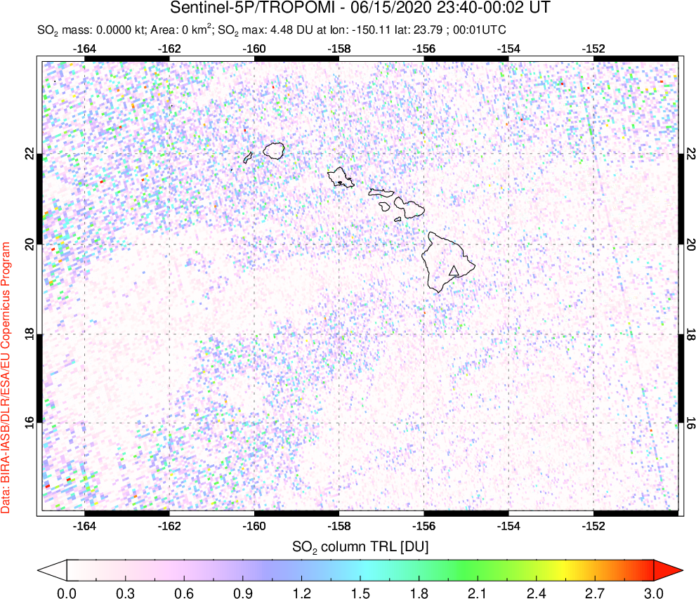 A sulfur dioxide image over Hawaii, USA on Jun 15, 2020.