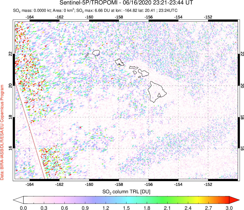 A sulfur dioxide image over Hawaii, USA on Jun 16, 2020.