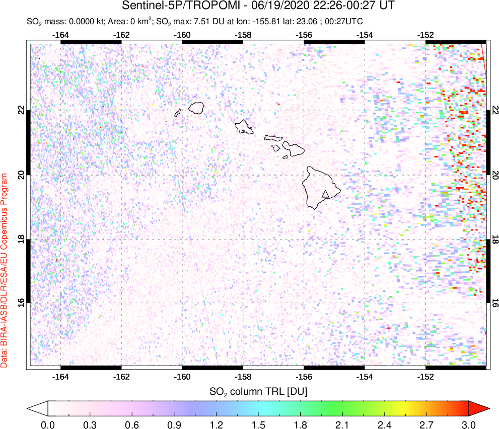A sulfur dioxide image over Hawaii, USA on Jun 19, 2020.
