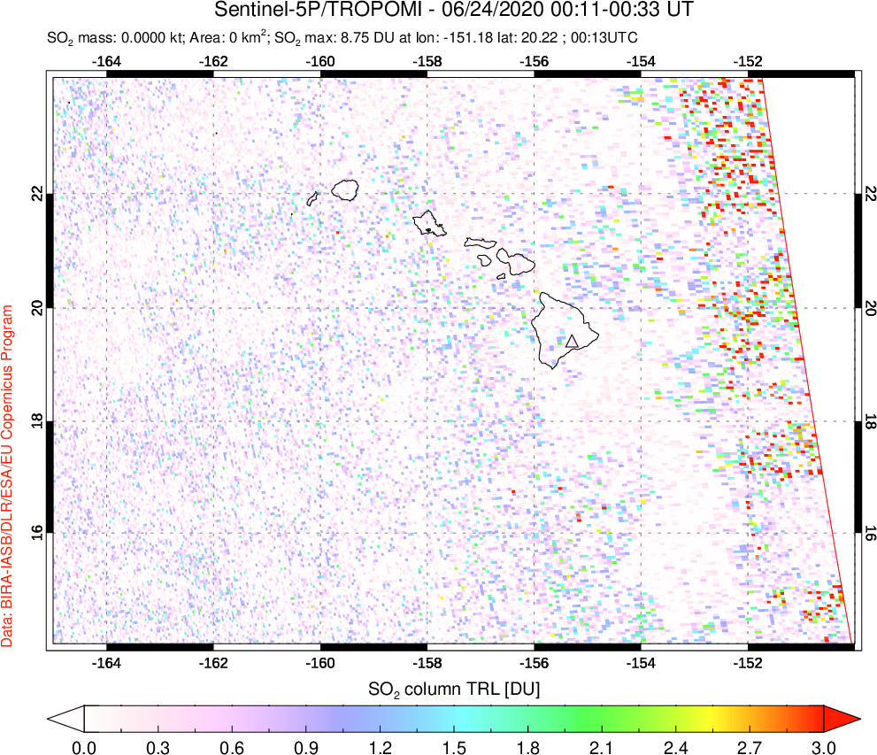A sulfur dioxide image over Hawaii, USA on Jun 24, 2020.