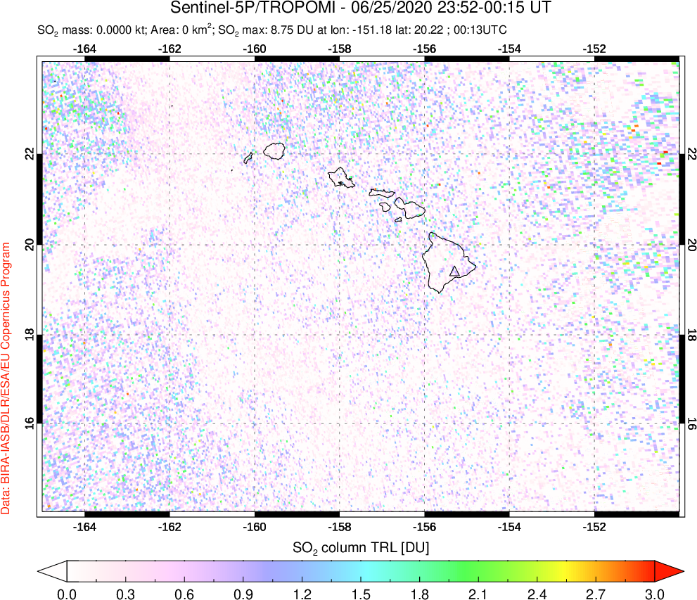 A sulfur dioxide image over Hawaii, USA on Jun 25, 2020.