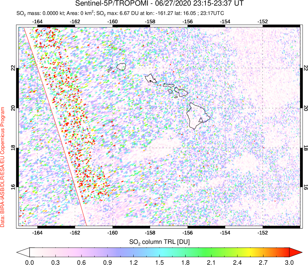 A sulfur dioxide image over Hawaii, USA on Jun 27, 2020.