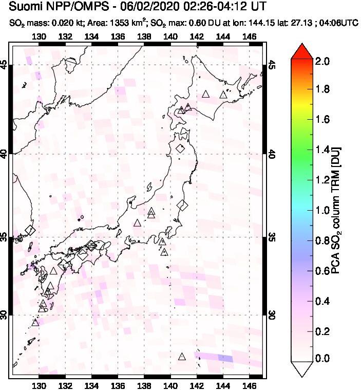 A sulfur dioxide image over Japan on Jun 02, 2020.