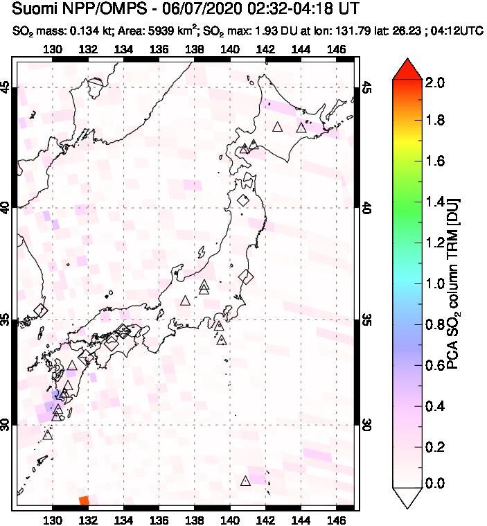 A sulfur dioxide image over Japan on Jun 07, 2020.