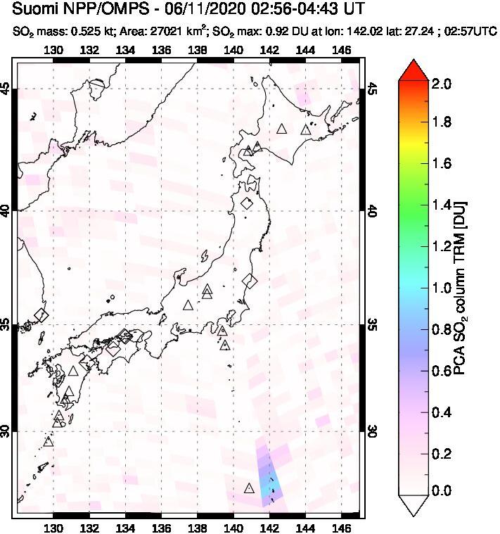 A sulfur dioxide image over Japan on Jun 11, 2020.