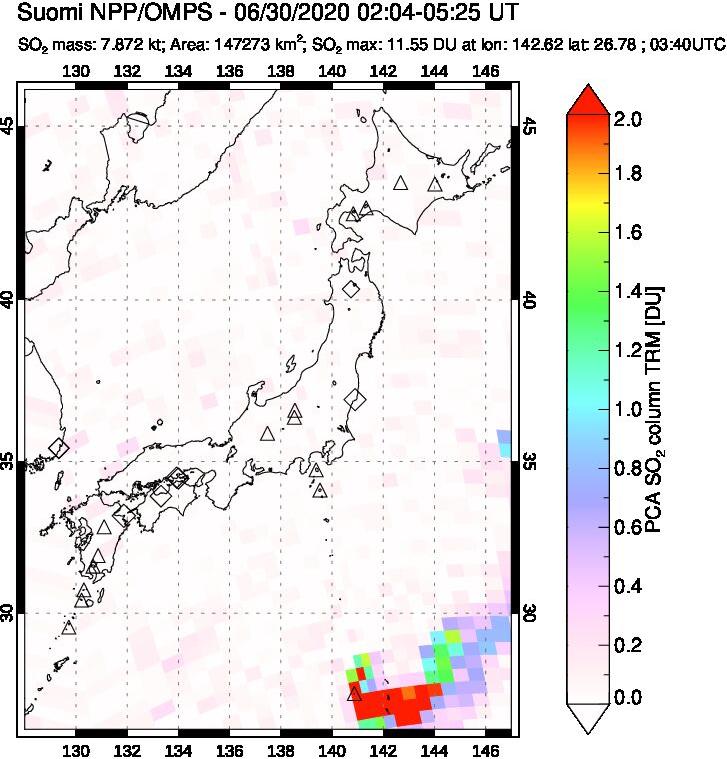 A sulfur dioxide image over Japan on Jun 30, 2020.
