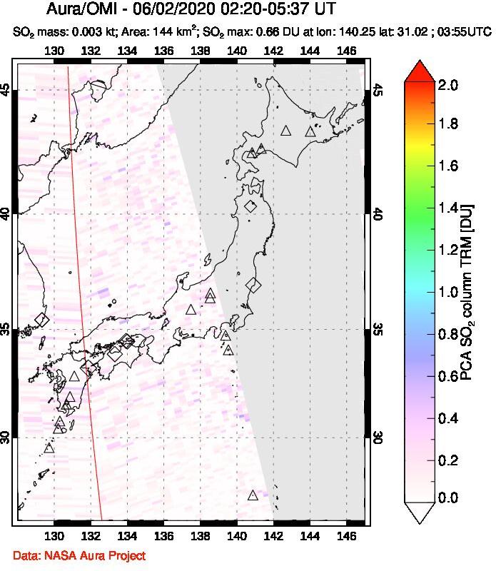 A sulfur dioxide image over Japan on Jun 02, 2020.