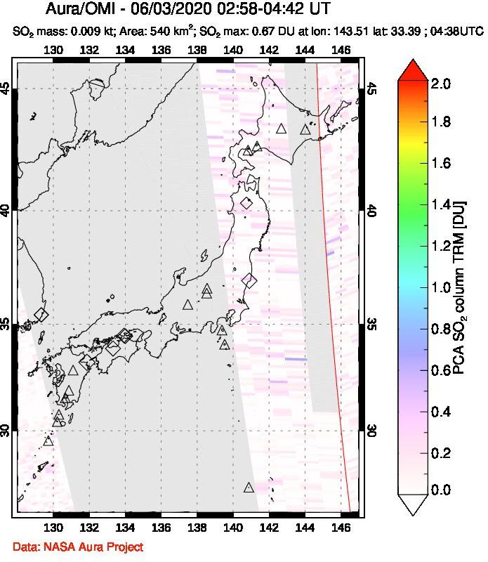 A sulfur dioxide image over Japan on Jun 03, 2020.