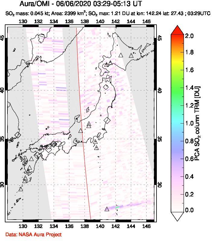 A sulfur dioxide image over Japan on Jun 06, 2020.