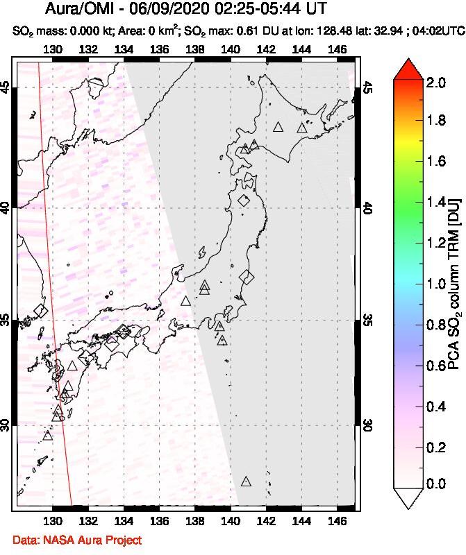 A sulfur dioxide image over Japan on Jun 09, 2020.