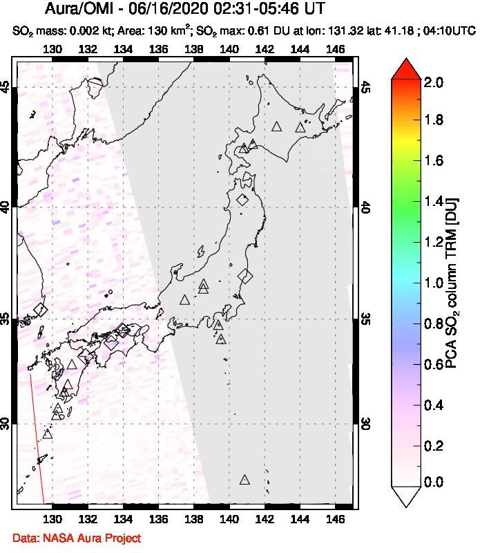 A sulfur dioxide image over Japan on Jun 16, 2020.