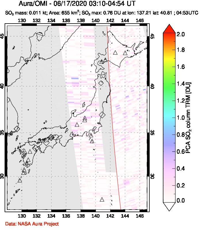A sulfur dioxide image over Japan on Jun 17, 2020.