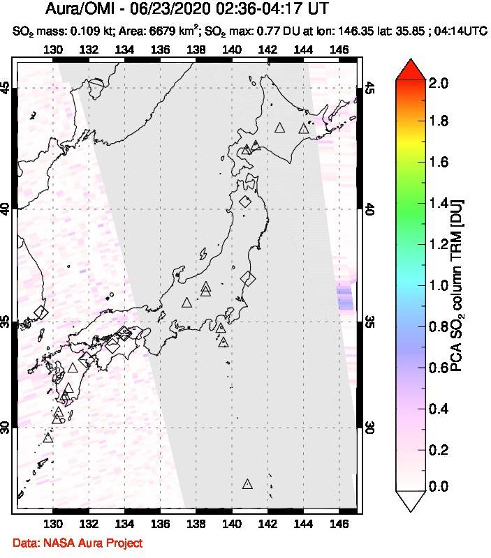 A sulfur dioxide image over Japan on Jun 23, 2020.