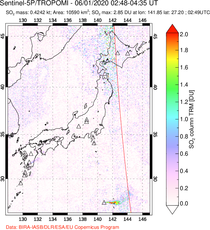 A sulfur dioxide image over Japan on Jun 01, 2020.