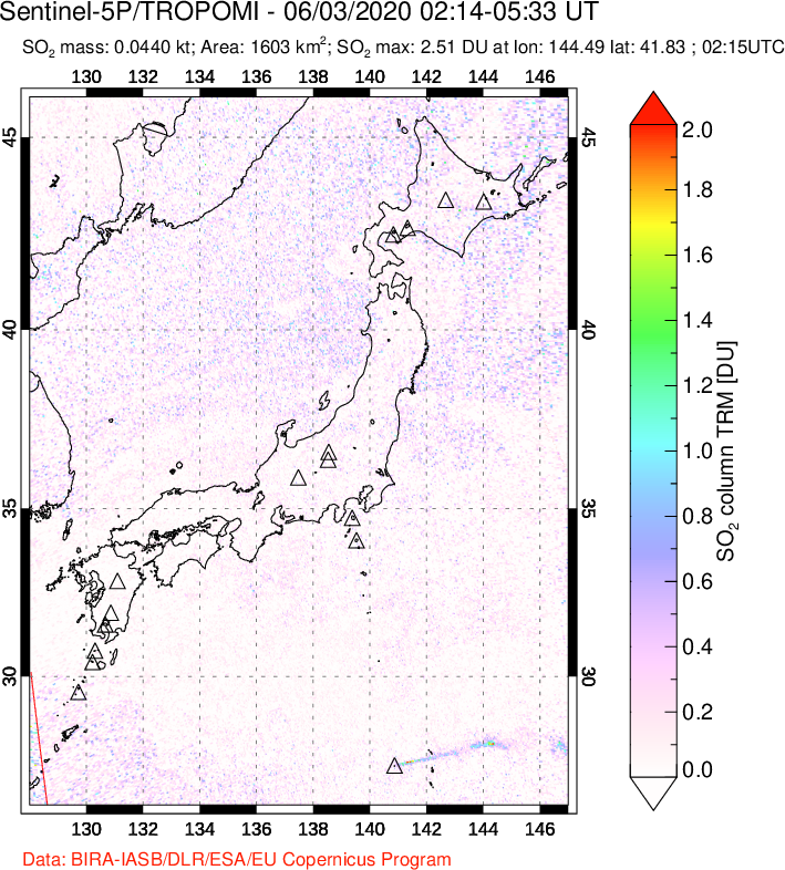 A sulfur dioxide image over Japan on Jun 03, 2020.