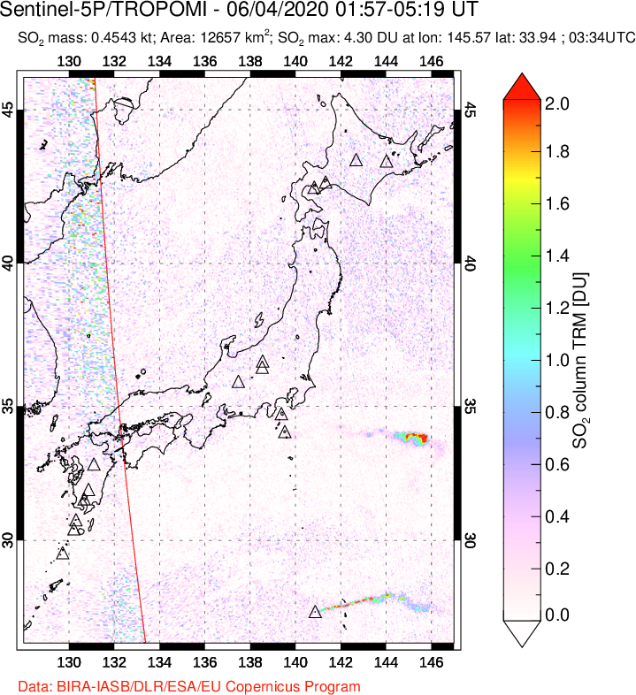 A sulfur dioxide image over Japan on Jun 04, 2020.