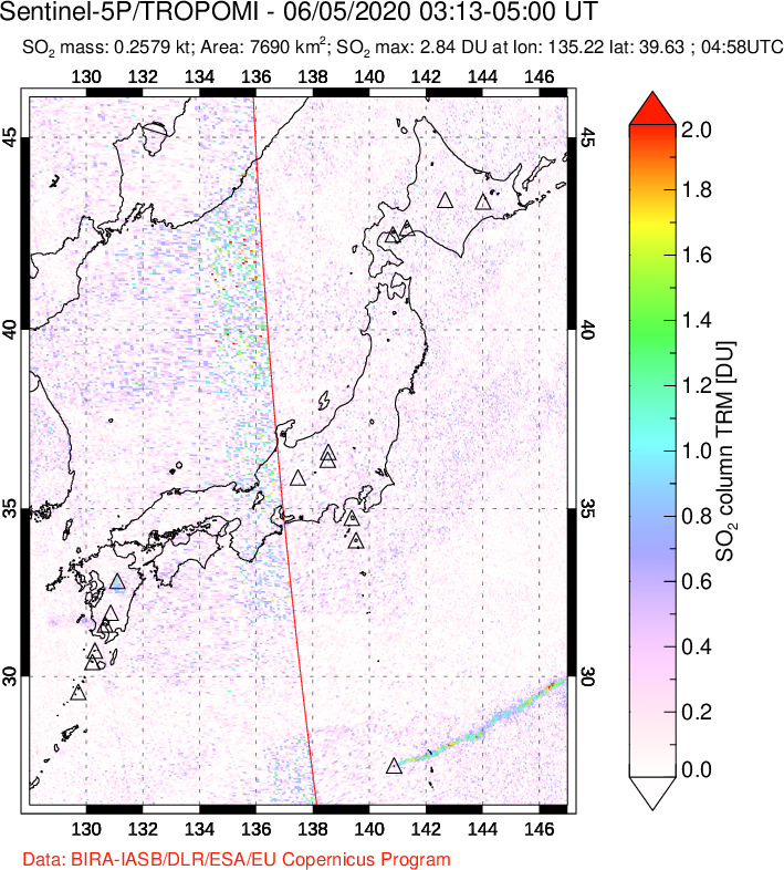 A sulfur dioxide image over Japan on Jun 05, 2020.
