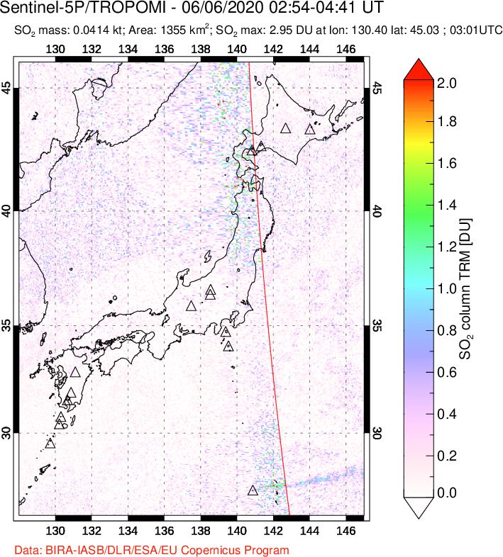 A sulfur dioxide image over Japan on Jun 06, 2020.