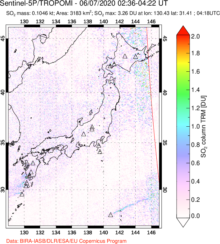 A sulfur dioxide image over Japan on Jun 07, 2020.