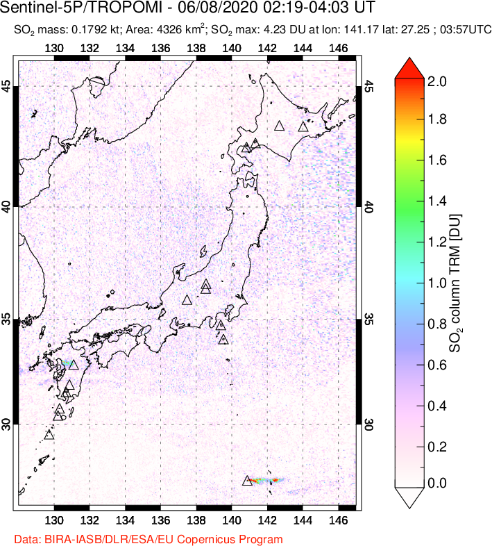 A sulfur dioxide image over Japan on Jun 08, 2020.