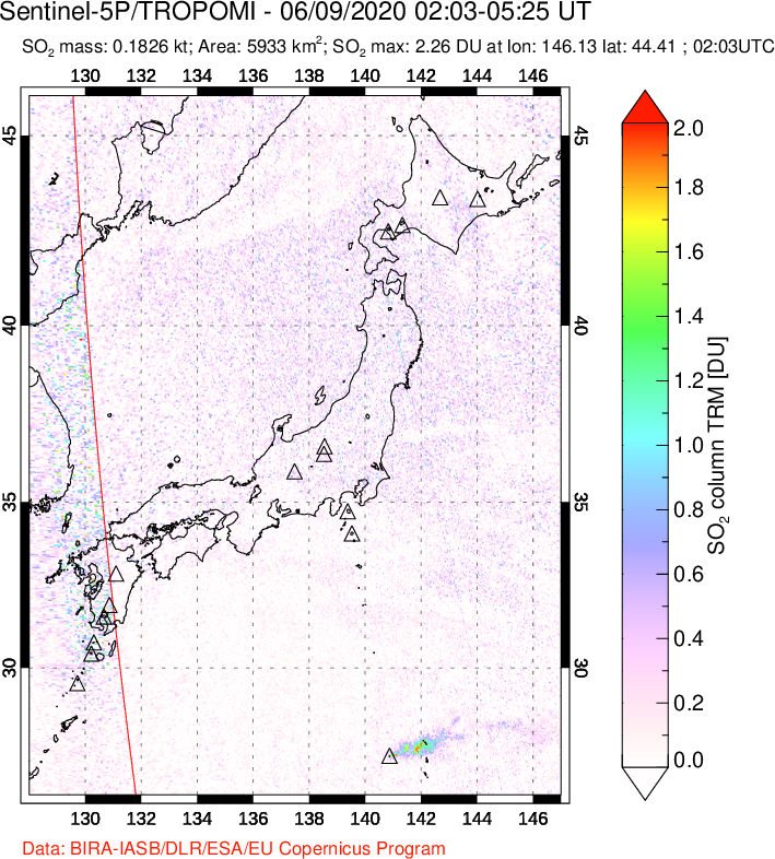 A sulfur dioxide image over Japan on Jun 09, 2020.