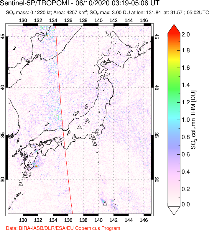 A sulfur dioxide image over Japan on Jun 10, 2020.