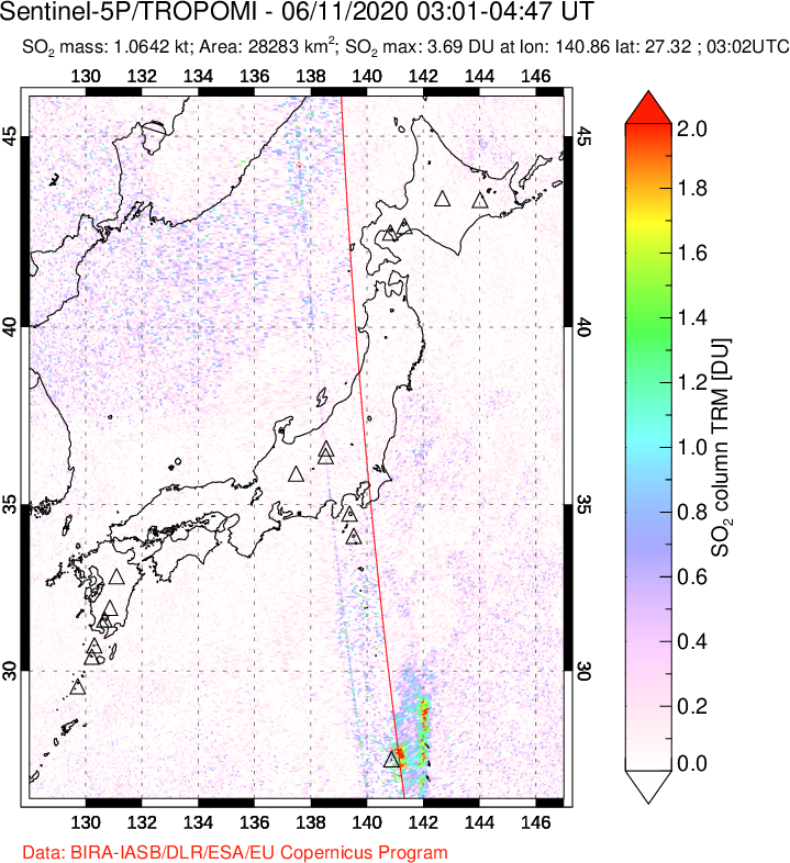 A sulfur dioxide image over Japan on Jun 11, 2020.