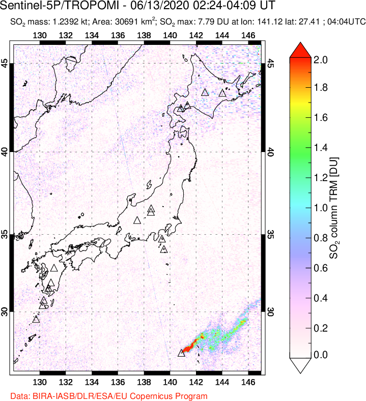 A sulfur dioxide image over Japan on Jun 13, 2020.