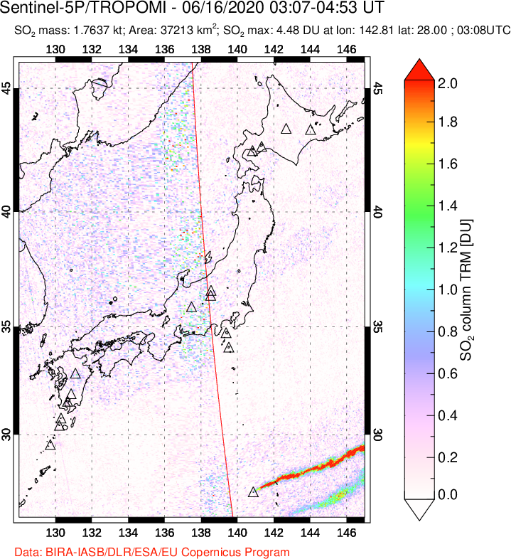 A sulfur dioxide image over Japan on Jun 16, 2020.