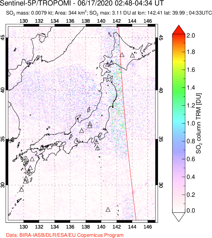 A sulfur dioxide image over Japan on Jun 17, 2020.