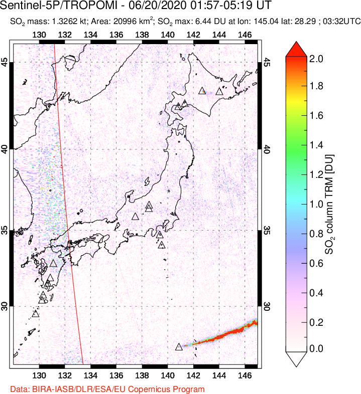 A sulfur dioxide image over Japan on Jun 20, 2020.