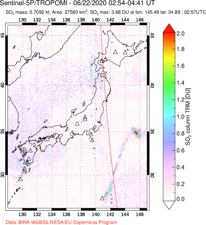 A sulfur dioxide image over Japan on Jun 22, 2020.