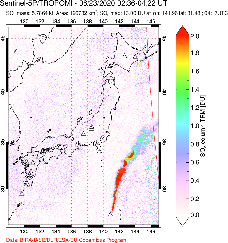 A sulfur dioxide image over Japan on Jun 23, 2020.