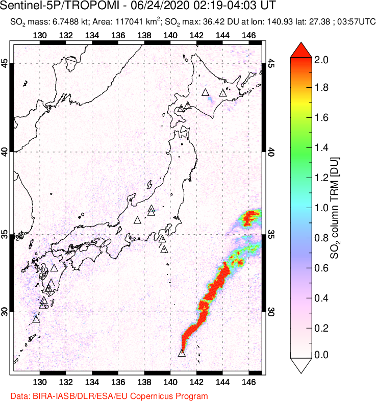 A sulfur dioxide image over Japan on Jun 24, 2020.