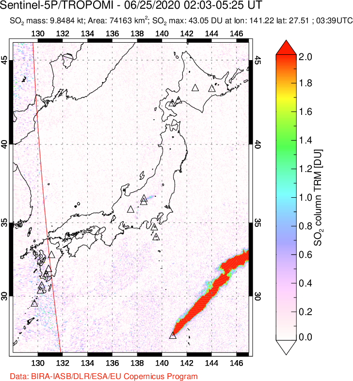 A sulfur dioxide image over Japan on Jun 25, 2020.
