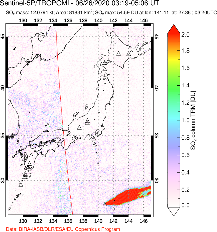 A sulfur dioxide image over Japan on Jun 26, 2020.