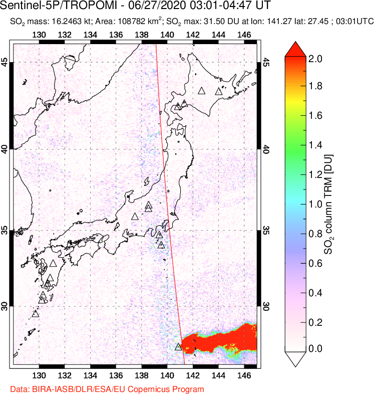 A sulfur dioxide image over Japan on Jun 27, 2020.