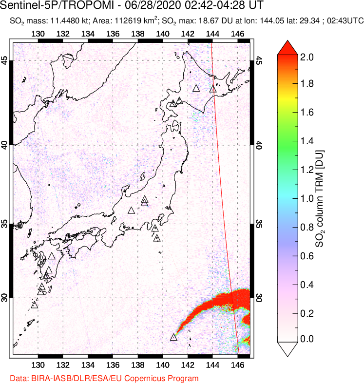 A sulfur dioxide image over Japan on Jun 28, 2020.
