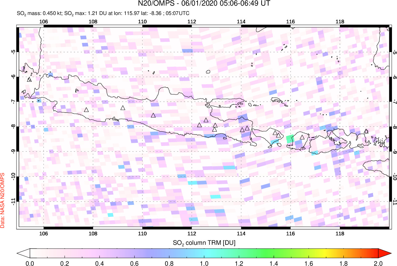 A sulfur dioxide image over Java, Indonesia on Jun 01, 2020.