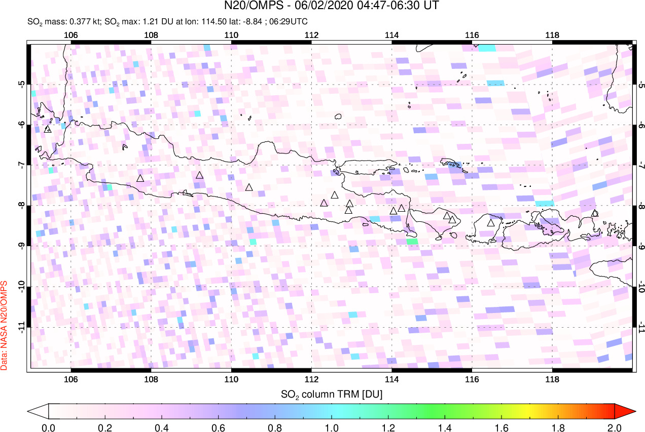 A sulfur dioxide image over Java, Indonesia on Jun 02, 2020.