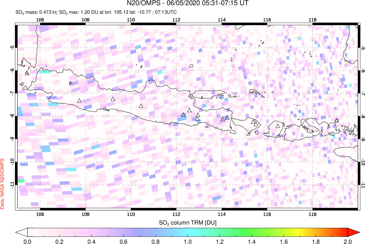 A sulfur dioxide image over Java, Indonesia on Jun 05, 2020.