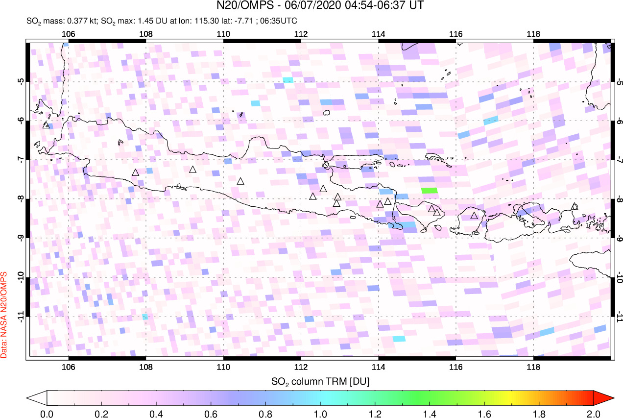 A sulfur dioxide image over Java, Indonesia on Jun 07, 2020.