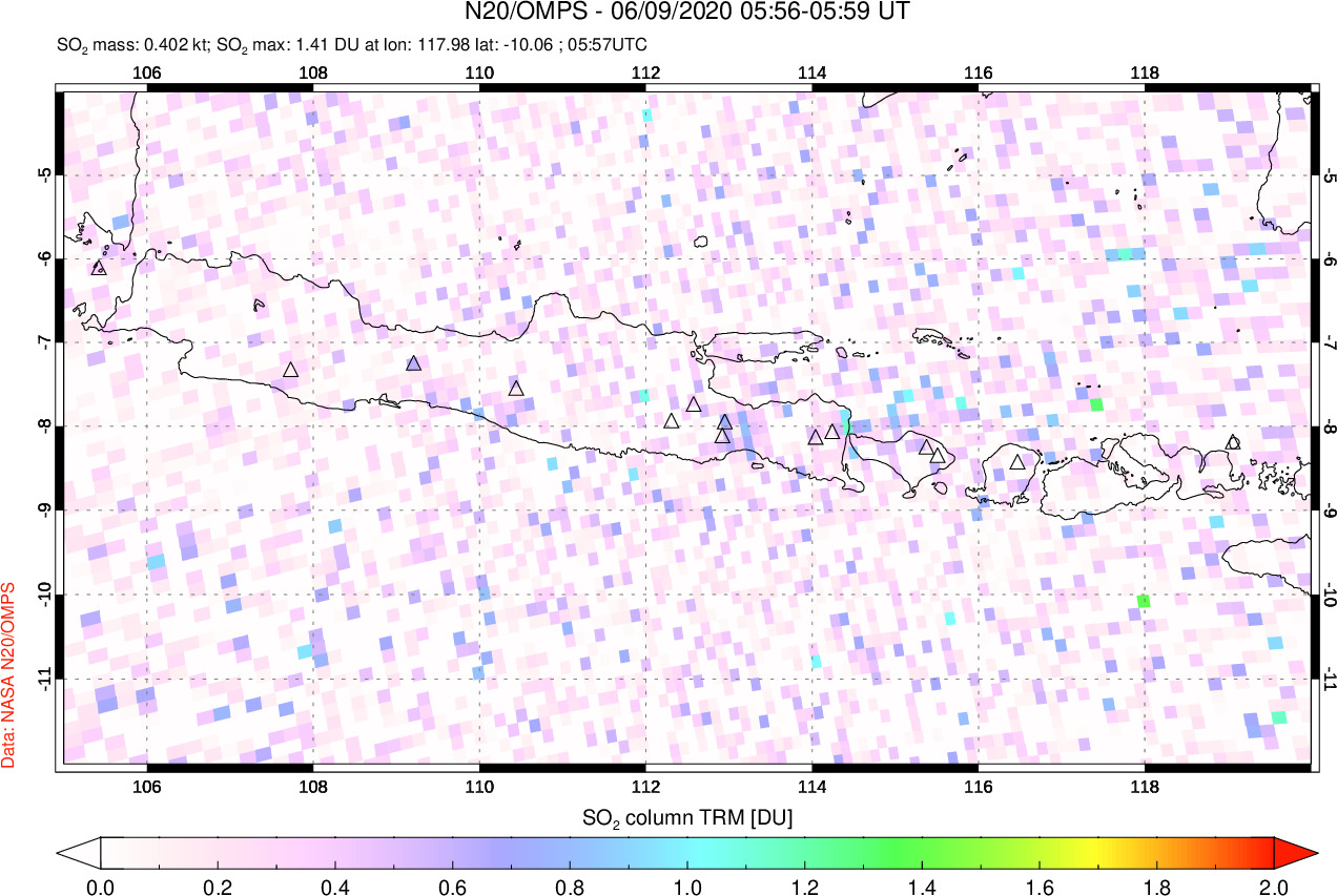 A sulfur dioxide image over Java, Indonesia on Jun 09, 2020.