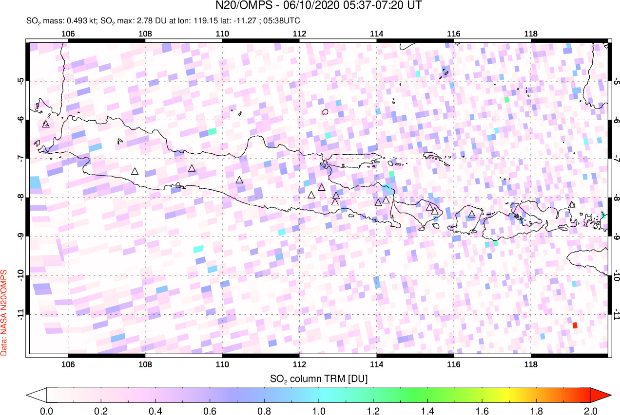 A sulfur dioxide image over Java, Indonesia on Jun 10, 2020.