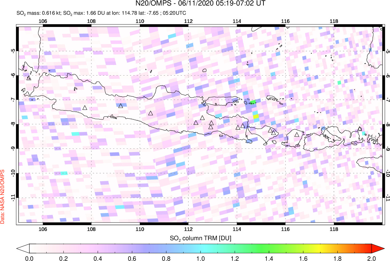 A sulfur dioxide image over Java, Indonesia on Jun 11, 2020.