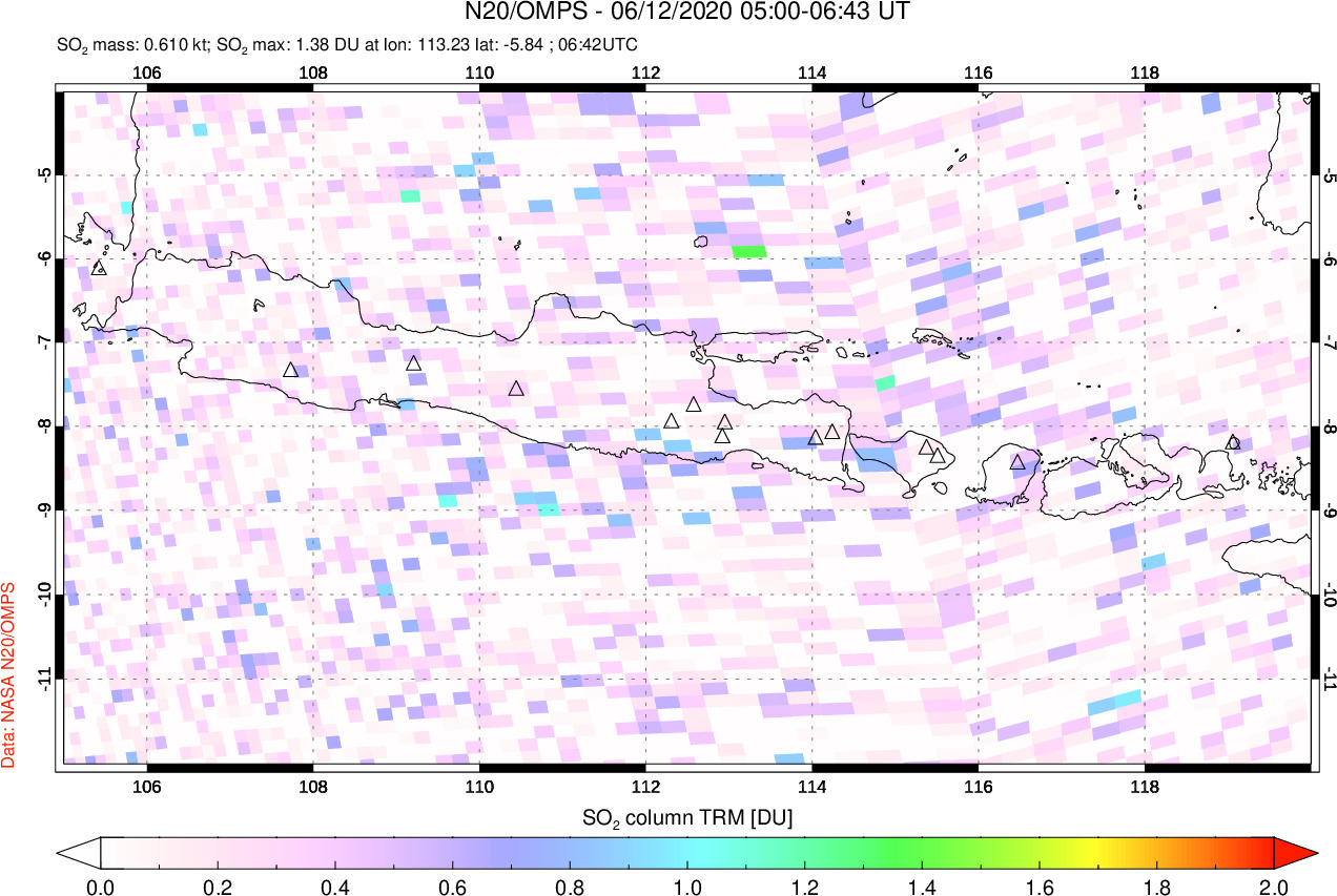 A sulfur dioxide image over Java, Indonesia on Jun 12, 2020.