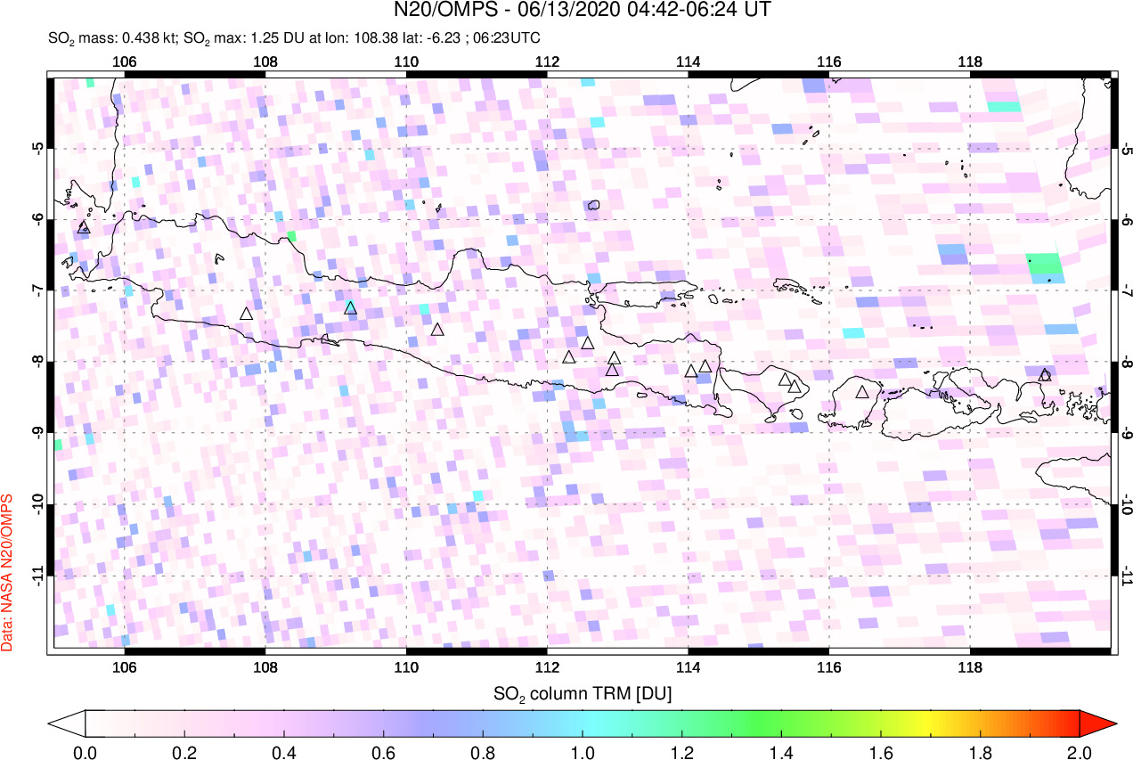 A sulfur dioxide image over Java, Indonesia on Jun 13, 2020.