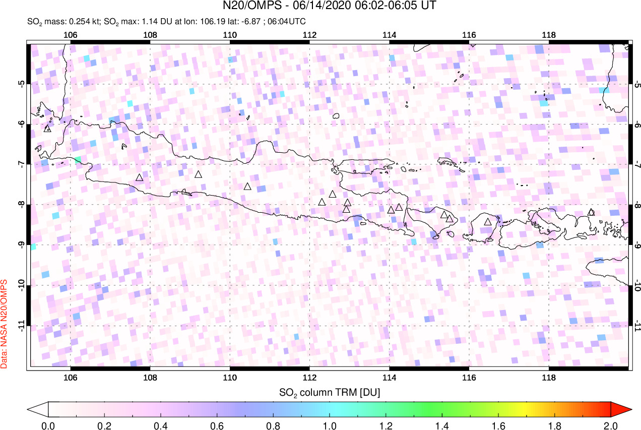A sulfur dioxide image over Java, Indonesia on Jun 14, 2020.